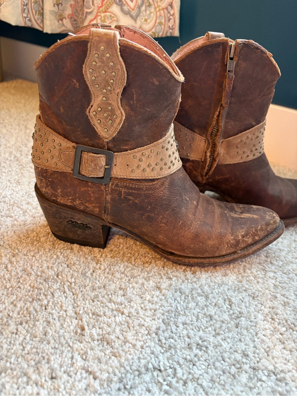 Distressed Brown Studded Western Ankle Boots with Buckle Strap